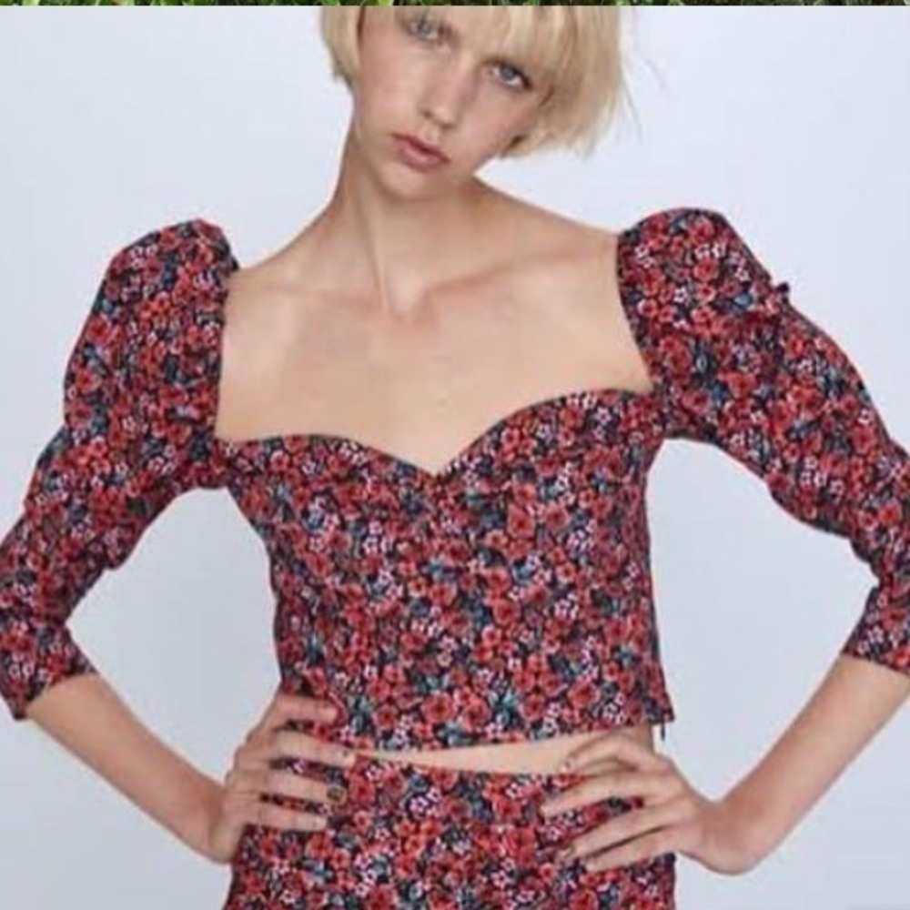 ZARA Floral Puff Sleeve Heart Shape Top Size Large